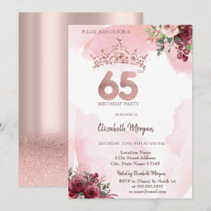 Rose Gold Glitter Roses Crown 65th Birthday Party Invitation