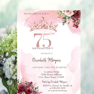  Rose Gold Glitter Roses Crown 75th Birthday  Invitation