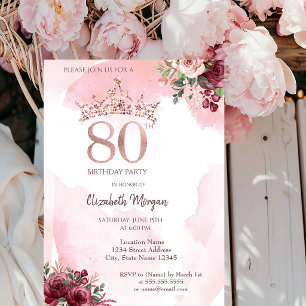 Rose Gold Glitter Roses Crown 80th Birthday Party Invitation