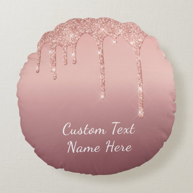 Rose Gold Glitter Round Pillow with Custom Text (Front)