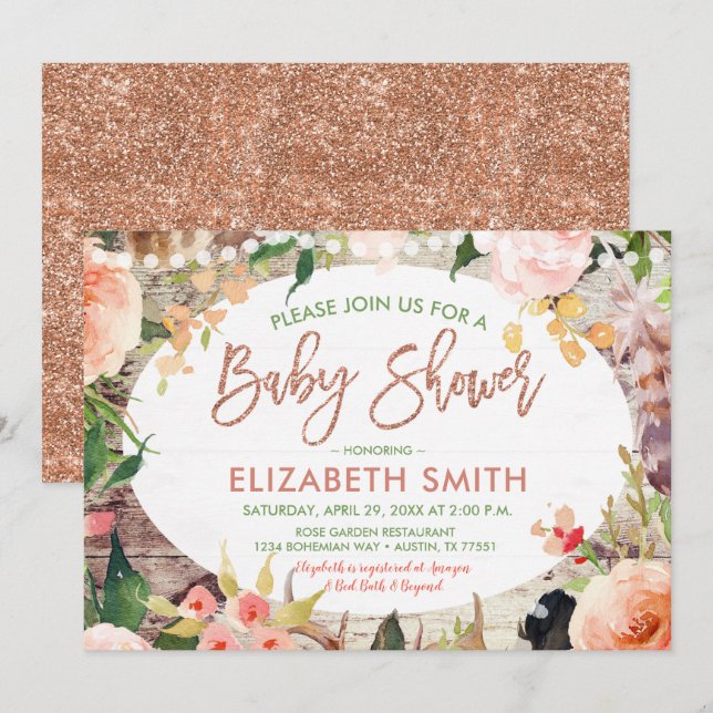 Rose Gold Glitter Sage Floral Bohemian Baby Shower Invitation (Front/Back)