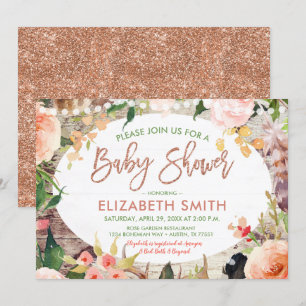 Rose Gold Glitter Sage Floral Bohemian Baby Shower Invitation