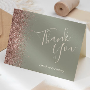 Rose Gold Glitter Sage Green Wedding Thank You Card