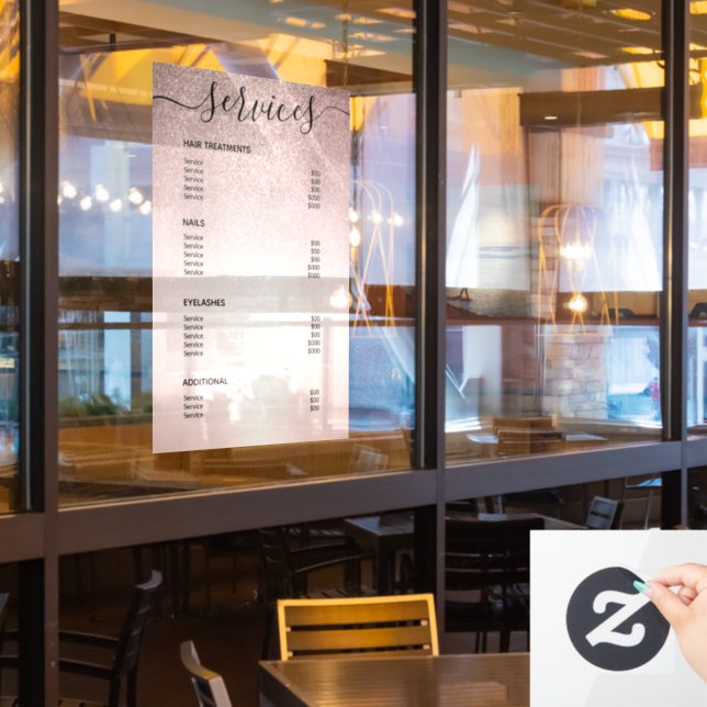 Rose Gold Glitter Salon Price List Service Menu Window Cling (Restaurant Window)