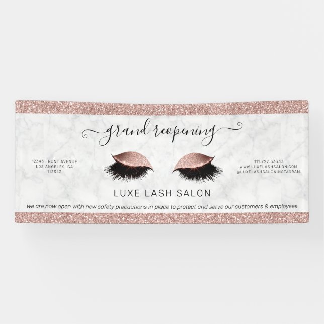 Rose Gold Glitter Salon Reopening Covid Safety Banner (Horizontal)