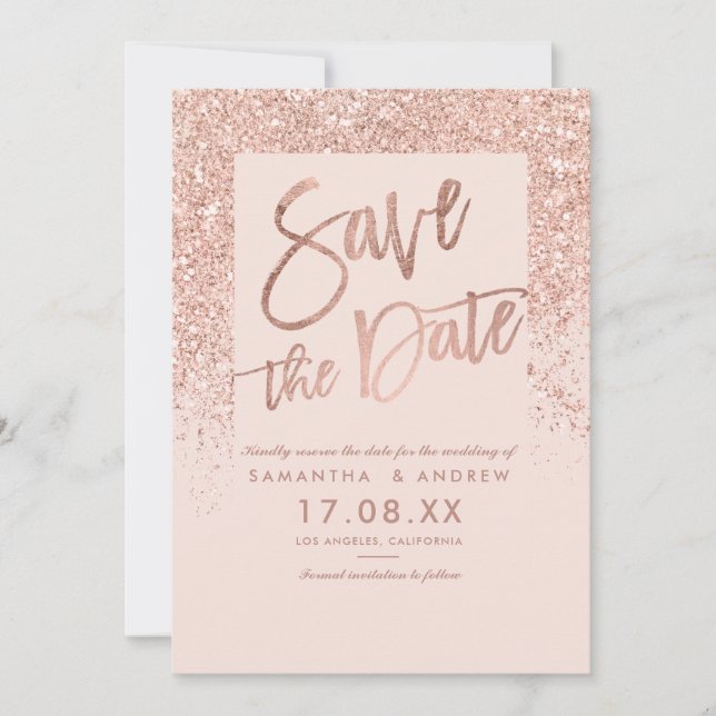 Rose gold glitter script blush pink save the date (Front)