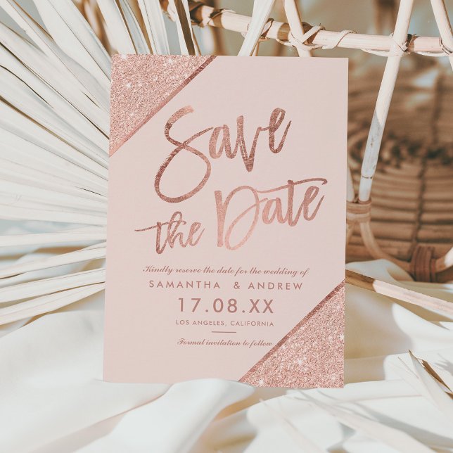 Rose gold glitter script blush pink save the date announcement postcard (Creator Uploaded)