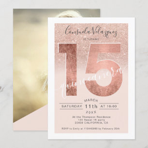 Rose gold glitter script blush quinceanera photo invitation
