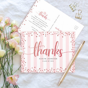 Rose gold glitter script chic graduation thank you postcard