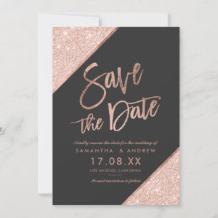 Rose gold glitter script dark grey save the date
