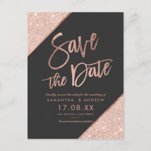 Rose gold glitter script dark grey save the date announcement postcard