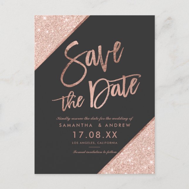 Rose gold glitter script dark grey save the date announcement postcard (Front)