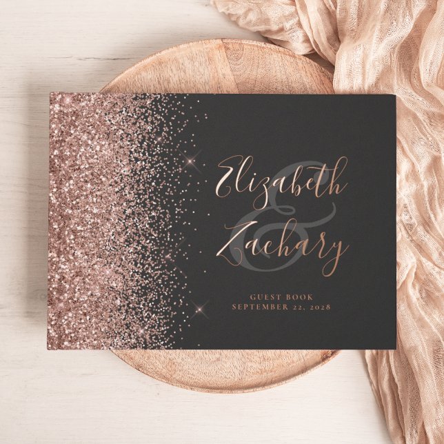 Rose Gold Glitter Script Dark Guest Book (Creator Uploaded)