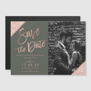 Rose gold glitter script green photo save the date