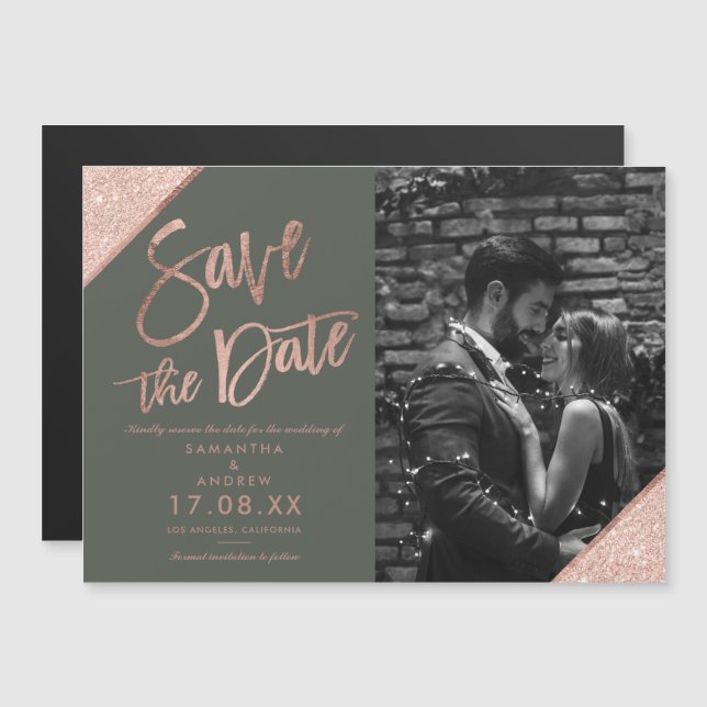 Rose gold glitter script green photo save the date (Front/Back)
