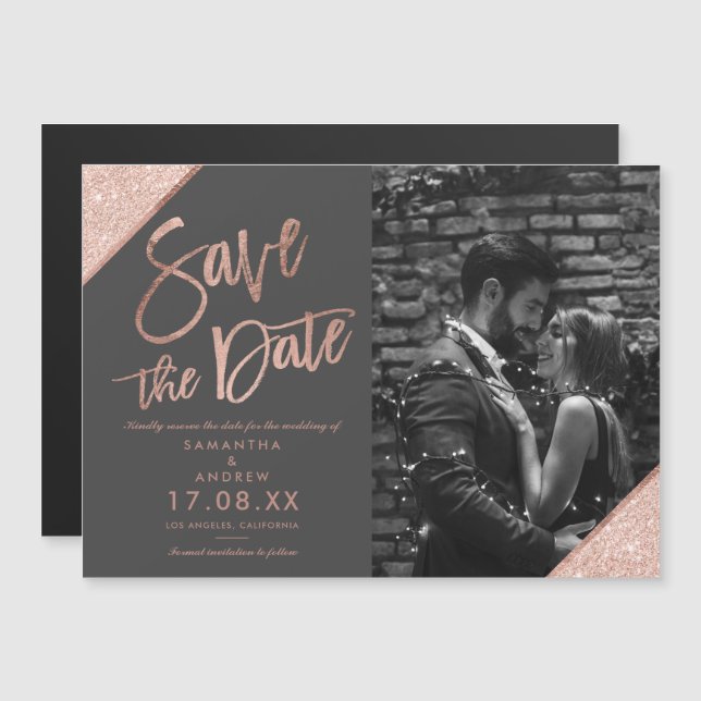 Rose gold glitter script grey photo save the date (Front/Back)