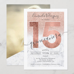 Rose gold glitter script marble quinceanera photo invitation