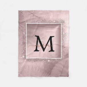 Rose Gold Glitter Script Monogram Fleece Blanket