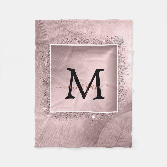 Rose Gold Glitter Script Monogram Fleece Blanket (Front)