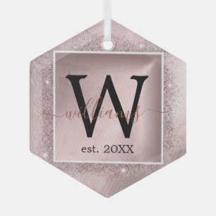 Rose Gold Glitter Script Monogram Glass Ornament