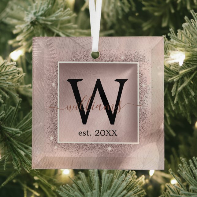 Rose Gold Glitter Script Monogram Glass Ornament (Insitu)