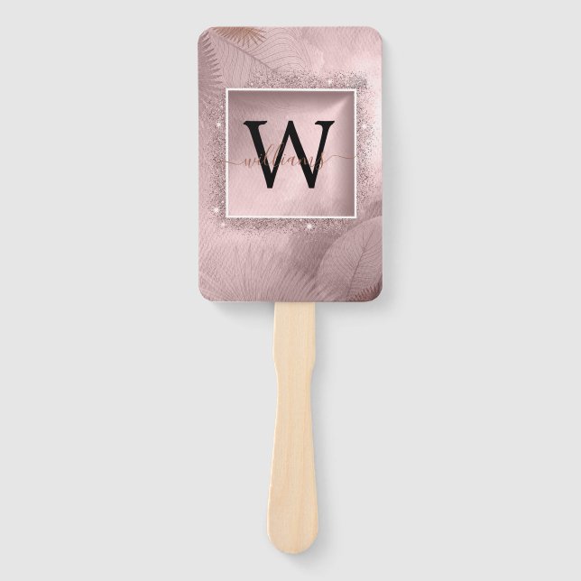 Rose Gold Glitter Script Monogram Hand Fan (Front)