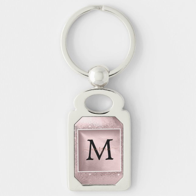 Rose Gold Glitter Script Monogram Keychain (Front)