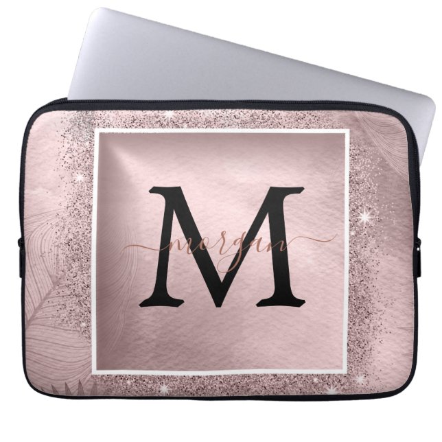 Rose Gold Glitter Script Monogram Laptop Sleeve (Front)
