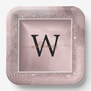 Rose Gold Glitter Script Monogram Paper Plate