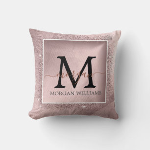 Rose Gold Glitter Script Monogram Throw Pillow