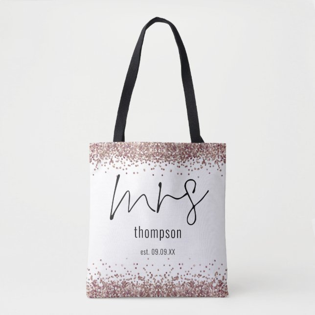 Rose Gold Glitter Script Mrs Name Date Bride Tote Bag (Front)