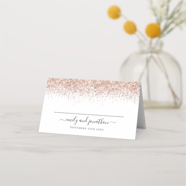 Rose Gold Glitter Script Names Date Place Card (Front)