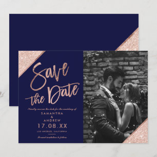 Rose gold glitter script navy blue save the date