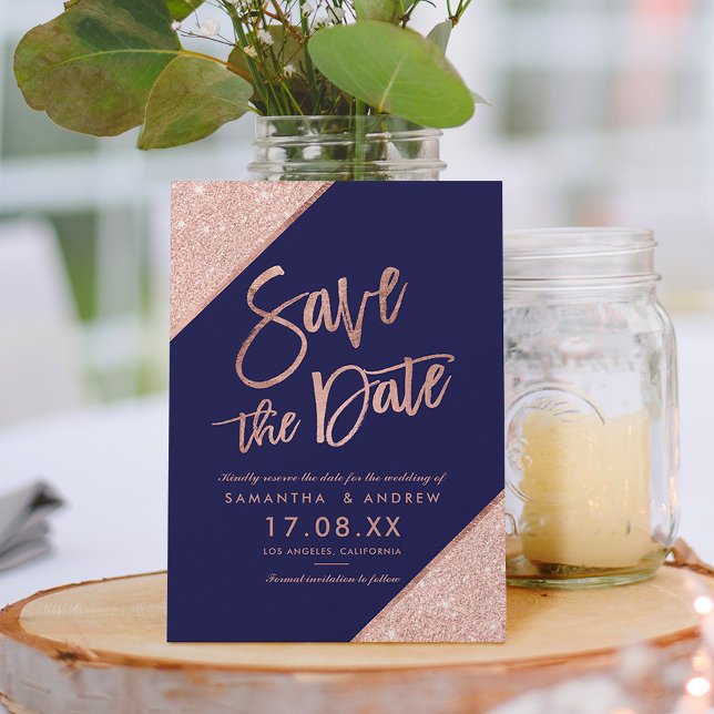 Rose gold glitter script navy blue save the date announcement postcard (Creator Uploaded)