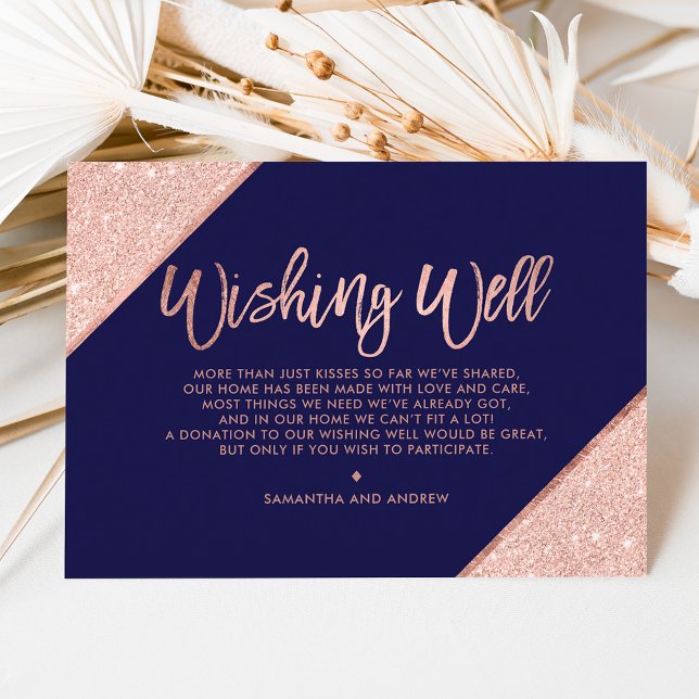 Rose gold glitter script navy blue wishing well enclosure card (Creator Uploaded)