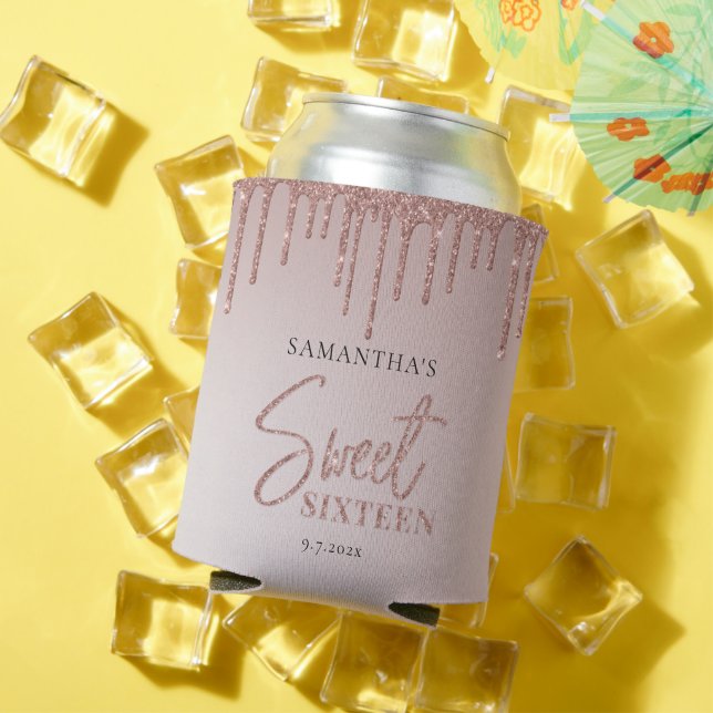 Rose Gold Glitter Script Sweet 16 Birthday Party Can Cooler (In Situ Summer)