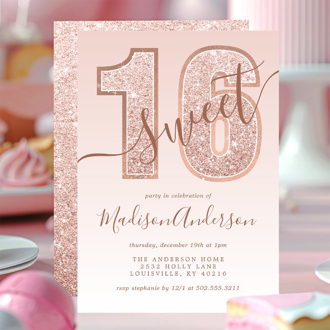 Rose Gold Glitter Script Sweet 16 Birthday Party Invitation (Creator Uploaded)