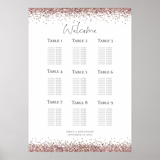 Rose Gold Glitter Script Welcome Seating Chart (Front)