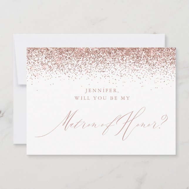 Rose Gold Glitter Script White Matron of Honour Invitation (Front)