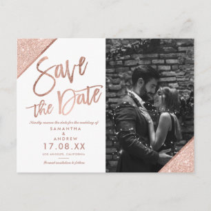 Rose gold glitter script white photo save the date postcard