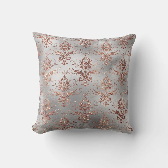 Rose Gold Glitter Scroll Work on Grey Throw Pillow (Front)