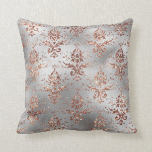 Rose Gold Glitter Scroll Work on Grey Throw Pillow