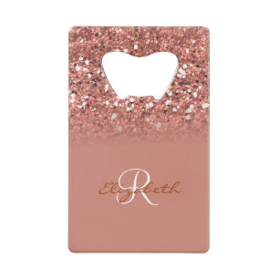 Rose Gold Glitter Sequin Monogram Stylish Credit Card Bottle Opener