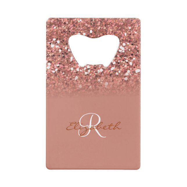 Rose Gold Glitter Sequin Monogram Stylish Credit Card Bottle Opener (Front)