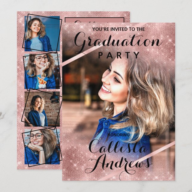 Rose Gold Glitter Sequins Corners Photo Graduation Invitation (Front/Back)