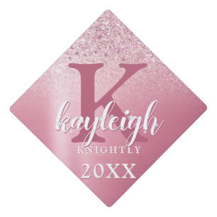 Rose Gold Glitter Shimmer Monogram Name Sparkle Graduation Cap Topper