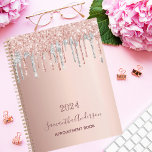 Rose gold glitter silver appointment book 2021 planner<br><div class="desc">IN 2021 YOU WILL RECIVE A NOTIFICATION THAT YOU'LL HAVE TO REVIEW NUMER 21 IN RED. THIS IS OK AND YOU DON'T HAVE TO DO ANYTHING. A faux rose gold metallic looking background with elegant rose gold, pink and faux silver glitter drips, paint dripping look. Template for a year 2021...</div>