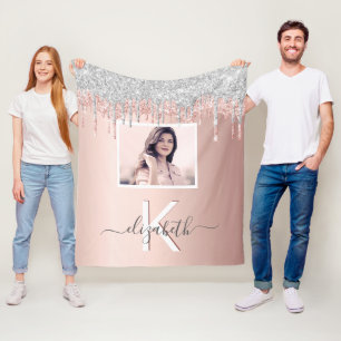Rose gold glitter silver blush photo monogram fleece blanket