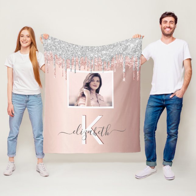 Rose gold glitter silver blush photo monogram fleece blanket (In Situ)