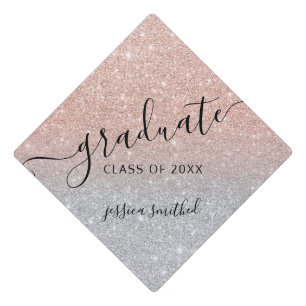 rose gold glitter  silver chic typography graduate graduation cap topper
